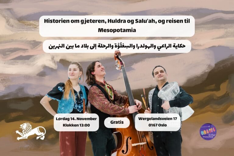 Plakat for forestillingen: tre musikere med kontrabass, fløyter og darbuka foran et malt landskap.