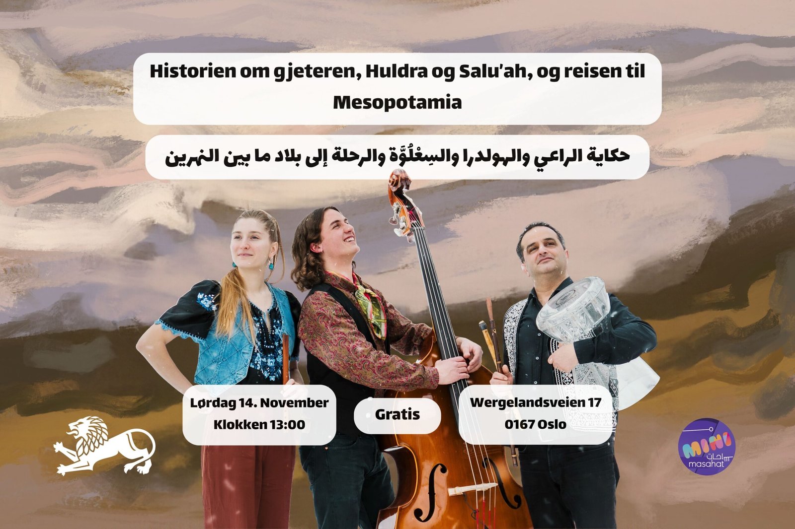 Plakat for forestillingen: tre musikere med kontrabass, fløyter og darbuka foran et malt landskap.